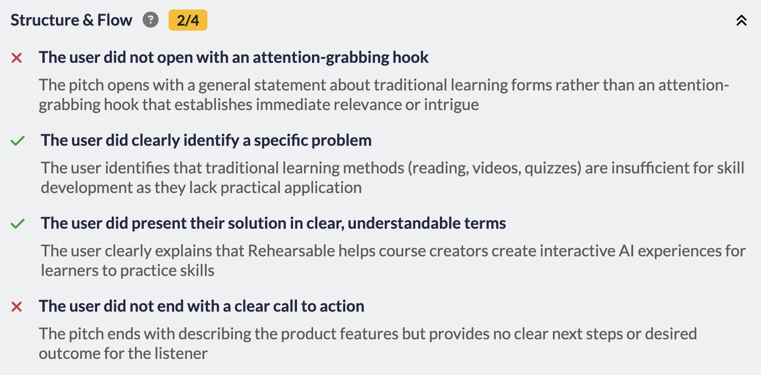 Checklist feedback on a pitch against the creator's story structure