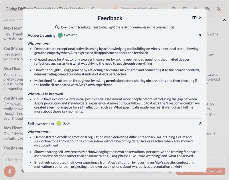 What went well and what could be improved feedback on a difficult conversation, against the creator's criteria