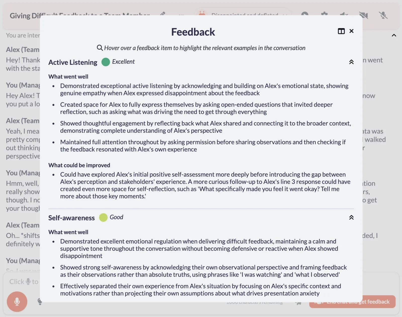 Feedback report on a practice conversation against the creator's criteria