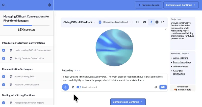 AI role-play with voice mode embedded in a Teachable course