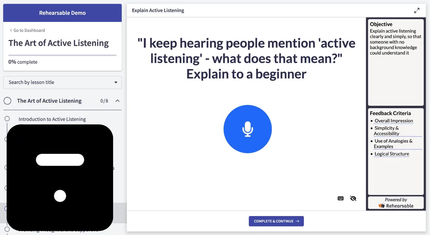 A practice scenario running inside a Thinkific lesson