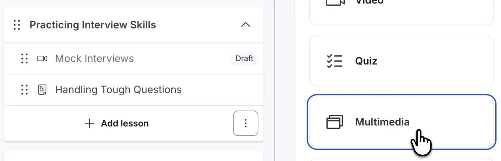 Adding a multimedia lesson in the Thinkific course builder
