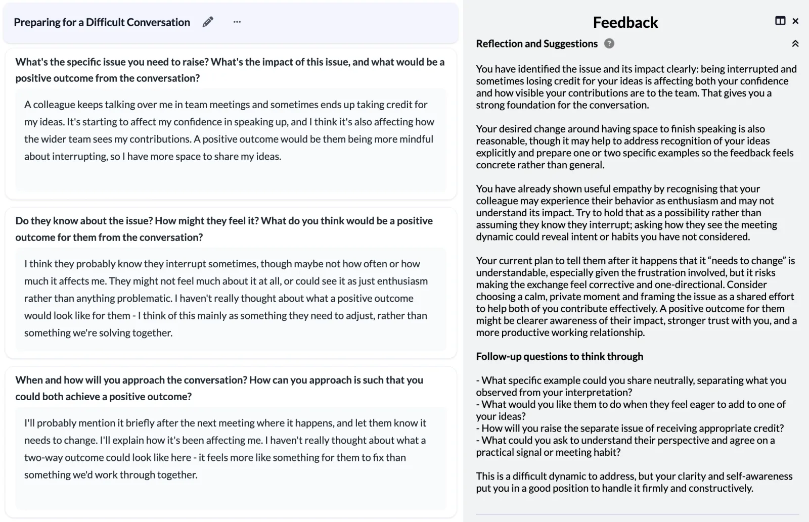 Learner's written answers with personalised feedback alongside, following the creator's criteria