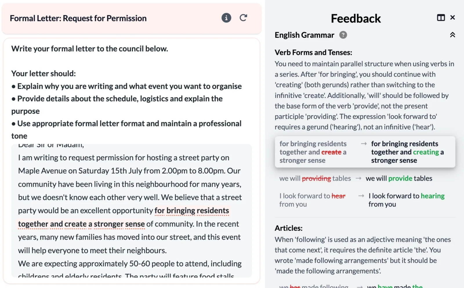 Learner's written preparation for a difficult conversation, with personalised feedback alongside